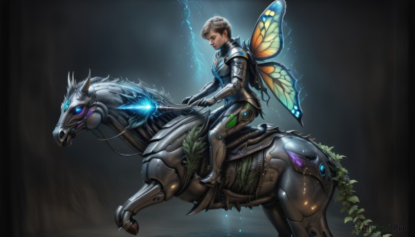 1girl,solo,breasts,short hair,blue eyes,brown hair,grey hair,boots,wings,armor,from side,tree,lips,bodysuit,glowing,animal,bug,plant,gauntlets,nose,fairy wings,electricity,riding,fairy,horse,butterfly wings,horseback riding,saddle,dark skin,leaf,science fiction,fantasy,cyborg