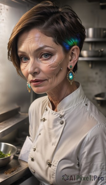 1girl,solo,breasts,looking at viewer,smile,short hair,blue eyes,brown hair,shirt,black hair,jewelry,white shirt,upper body,earrings,parted lips,indoors,blurry,lips,buttons,blurry background,veins,bowl,realistic,chef,medium breasts,food,makeup,watermark,lipstick,nose,kitchen