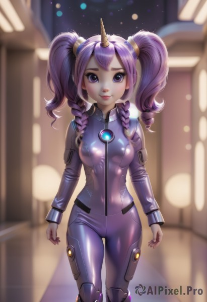 1girl,solo,long hair,breasts,looking at viewer,smile,bangs,twintails,medium breasts,standing,purple eyes,purple hair,braid,horns,alternate costume,shiny,artist name,blurry,twin braids,lips,bodysuit,makeup,blurry background,drill hair,thigh gap,lipstick,twin drills,skin tight,single horn,shiny clothes,purple bodysuit,small breasts,cosplay,covered navel,science fiction,pilot suit