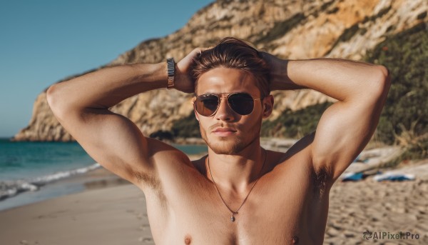 solo,looking at viewer,brown hair,1boy,jewelry,closed mouth,nipples,upper body,male focus,nude,outdoors,day,dark skin,armpits,necklace,blurry,arms up,muscular,blurry background,facial hair,beach,sunglasses,dark-skinned male,pectorals,muscular male,arms behind head,bara,beard,topless male,watch,realistic,sand,stubble,wristwatch,chest hair,photo background,armpit hair,arm hair,hairy,body hair,aviator sunglasses,short hair,sky,bracelet,wristband,large pectorals,mature male,undercut