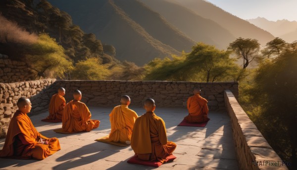 black hair,sitting,male focus,outdoors,japanese clothes,multiple boys,day,kimono,from behind,tree,shadow,sunlight,nature,scenery,seiza,6+boys,mountain,facing away,road,bush,shade,5boys,indian style,wall,on ground,pavement,sky,robe