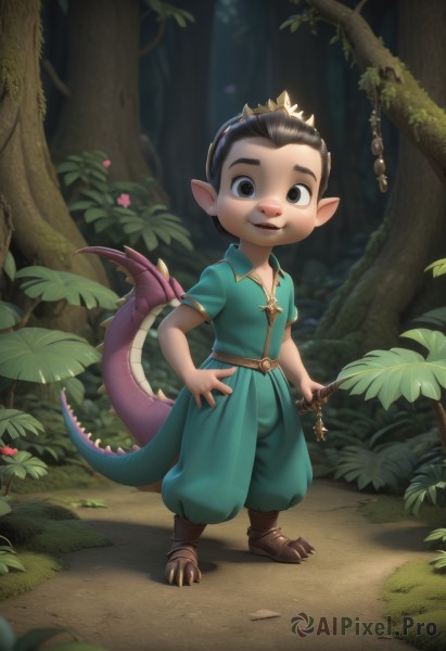 solo,looking at viewer,smile,open mouth,brown hair,black hair,1boy,holding,brown eyes,standing,tail,full body,weapon,short sleeves,male focus,outdoors,pointy ears,pants,sword,holding weapon,black eyes,tree,hand on hip,thick eyebrows,crown,child,nature,forest,dragon tail,male child,short hair,shirt,leaf,claws,hair slicked back