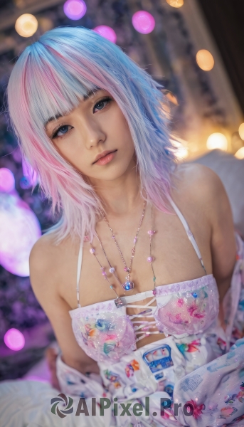 1girl,solo,breasts,looking at viewer,bangs,blue eyes,gloves,dress,cleavage,bare shoulders,jewelry,medium breasts,sitting,underwear,blue hair,collarbone,upper body,pink hair,multicolored hair,parted lips,white gloves,blunt bangs,medium hair,necklace,off shoulder,bra,white dress,blurry,two-tone hair,lips,streaked hair,head tilt,grey eyes,makeup,depth of field,blurry background,realistic,long hair,closed mouth,white hair,food,artist name,gradient hair,watermark,gem,web address,pink lips