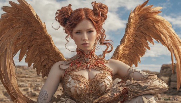 1girl,solo,breasts,looking at viewer,short hair,blue eyes,brown hair,gloves,cleavage,bare shoulders,medium breasts,closed mouth,upper body,weapon,outdoors,parted lips,wings,sky,day,cloud,hair bun,orange hair,armor,blurry,blue sky,lips,clothing cutout,double bun,blurry background,cleavage cutout,gauntlets,feathered wings,angel wings,realistic,angel,dress,red hair,chinese clothes