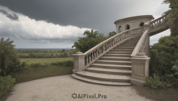 outdoors,sky,day,cloud,tree,blue sky,no humans,cloudy sky,grass,plant,nature,scenery,forest,stairs,bush,path,ocean,architecture,pillar