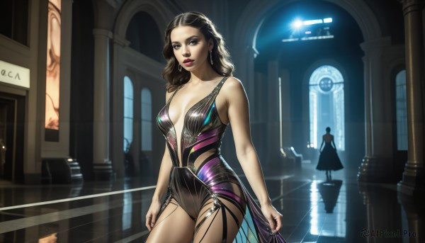 HQ,1girl,solo,long hair,breasts,looking at viewer,multiple girls,brown hair,black hair,dress,2girls,cleavage,bare shoulders,jewelry,medium breasts,standing,earrings,solo focus,indoors,black eyes,lips,makeup,lipstick,reflection,science fiction,realistic,blue eyes,collarbone,parted lips,curly hair,hallway