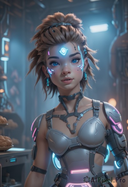 1girl,solo,breasts,looking at viewer,short hair,blue eyes,blonde hair,brown hair,hair ornament,jewelry,collarbone,upper body,ponytail,earrings,small breasts,parted lips,food,artist name,indoors,armor,blurry,lips,eyelashes,makeup,blurry background,glowing,facial mark,high ponytail,science fiction,forehead mark,nose,cyborg,hair pulled back,neon trim,cyberpunk,hologram,teeth,choker,signature,mole,forehead,backlighting,freckles,realistic,arms at sides,facepaint,robot joints,neon lights