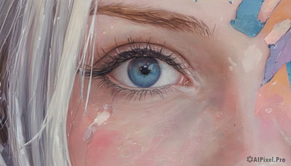 1girl,solo,looking at viewer,blue eyes,white hair,hand up,mole,eyelashes,portrait,bandaid,close-up,freckles,bandaid on face,eye focus,blush,bangs,water drop,bandaid on nose,bandaid on cheek