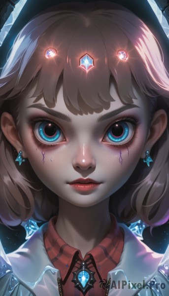 1girl,solo,looking at viewer,short hair,bangs,blue eyes,brown hair,shirt,jewelry,closed mouth,earrings,collared shirt,artist name,medium hair,star (symbol),lips,eyelashes,makeup,glowing,wing collar,lipstick,gem,red shirt,portrait,close-up,eyeshadow,freckles,crystal,glint,nose,red lips,straight-on,plaid shirt,blue gemstone,eye focus,crystal earrings,jacket,striped,white jacket,vertical stripes,zipper,striped shirt,pink lips