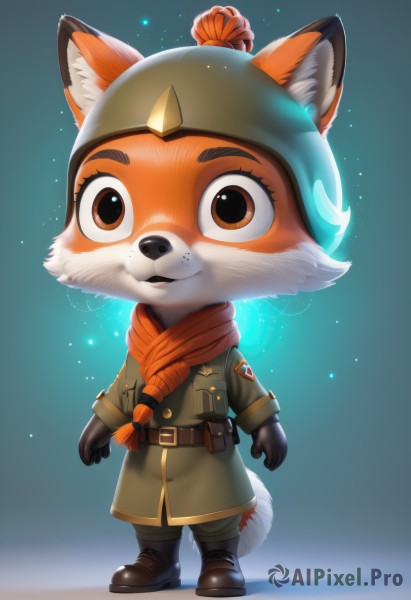 solo,looking at viewer,open mouth,gloves,long sleeves,1boy,animal ears,brown eyes,standing,jacket,tail,full body,male focus,boots,black gloves,belt,pants,artist name,scarf,uniform,military,fox ears,military uniform,fox tail,blue background,helmet,furry,red scarf,furry female,brown belt,furry male,brown fur,orange scarf,orange fur,1girl,hat,braid,parted lips,black footwear,orange hair,single braid,brown footwear,fox girl,pouch