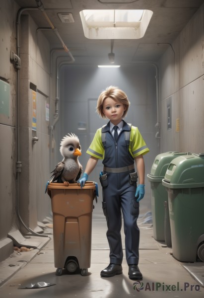 1girl,solo,looking at viewer,smile,short hair,blonde hair,brown hair,shirt,gloves,brown eyes,standing,full body,short sleeves,boots,necktie,shoes,collared shirt,belt,pants,artist name,indoors,signature,black footwear,uniform,vest,lips,bird,animal,ground vehicle,realistic,blue gloves,overalls,police,police uniform,policewoman,industrial pipe,tire,cart,blue eyes