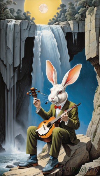 solo,red eyes,1boy,bow,sitting,male focus,sky,shoes,pants,bowtie,water,red bow,tree,no humans,night,animal,formal,moon,suit,instrument,star (sky),night sky,furry,full moon,starry sky,rabbit,music,guitar,furry male,playing instrument,traditional bowtie,waterfall,tuxedo,animal ears,outdoors,rabbit ears,red bowtie,black suit,flute