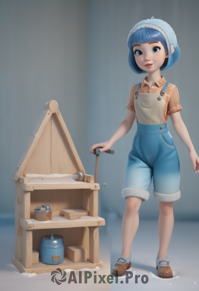 1girl,solo,looking at viewer,short hair,bangs,blue eyes,shirt,hat,blue hair,standing,full body,short sleeves,shoes,shorts,socks,striped,blunt bangs,lips,brown footwear,child,freckles,striped shirt,female child,bucket,overalls,orange shirt,overall shorts,smile,parted lips,teeth,collared shirt,fur trim,buttons,bob cut,denim,pocket,brown shirt