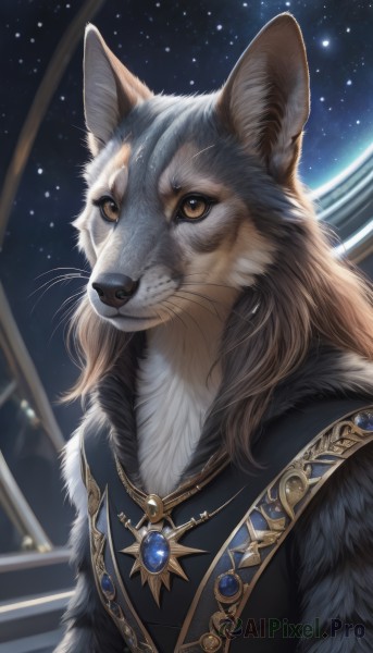 solo,looking at viewer,1boy,brown eyes,jewelry,closed mouth,upper body,male focus,sky,signature,necklace,vest,no humans,night,animal,cat,brooch,gem,star (sky),furry,pendant,starry sky,colored sclera,animal focus,fur,whiskers,long hair,brown hair,yellow eyes,night sky,realistic,space,planet