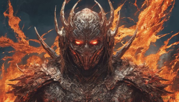 solo,looking at viewer,red eyes,1boy,upper body,male focus,horns,armor,orange eyes,mask,glowing,helmet,fire,shoulder armor,glowing eyes,spikes,pauldrons,monster,straight-on,full armor,burning,wings,demon,shoulder spikes