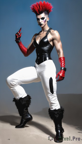 1girl,solo,breasts,short hair,gloves,cleavage,bare shoulders,jewelry,medium breasts,standing,full body,red hair,multicolored hair,earrings,boots,pants,fingerless gloves,black footwear,two-tone hair,lips,fur trim,muscular,knee boots,red gloves,white pants,nose,facepaint,middle finger,mohawk,bracelet,tattoo,makeup,shadow,facial mark,piercing,lipstick,spiked hair