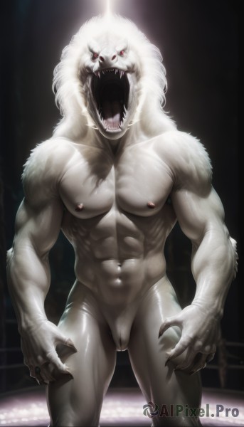 solo,looking at viewer,open mouth,red eyes,1boy,navel,nipples,standing,male focus,nude,teeth,pussy,no humans,uncensored,muscular,fangs,abs,pectorals,sharp teeth,muscular male,bara,claws,large pectorals,monster,thighs,artist name,scar,piercing,furry,veins,nipple piercing,white fur