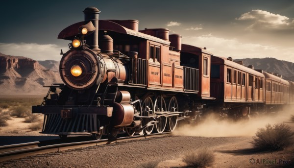 outdoors,sky,day,cloud,no humans,cloudy sky,grass,ground vehicle,scenery,motor vehicle,smoke,mountain,vehicle focus,fog,train,dust,railroad tracks,science fiction,wheel