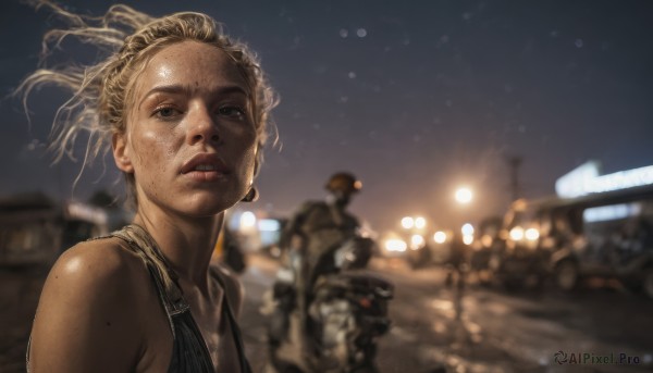 1girl,blonde hair,bare shoulders,brown eyes,outdoors,parted lips,multiple boys,solo focus,dark skin,blurry,dark-skinned female,lips,night,depth of field,blurry background,tank top,ground vehicle,motor vehicle,freckles,realistic,nose,car,very dark skin,soldier,solo,looking at viewer,blue eyes,1boy,jewelry,upper body,sky,teeth,motorcycle,dirty,dirty face