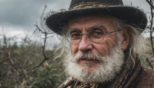 solo,looking at viewer,1boy,hat,closed mouth,upper body,white hair,male focus,outdoors,glasses,day,artist name,signature,blurry,black eyes,tree,black headwear,blurry background,facial hair,portrait,beard,black-framed eyewear,realistic,round eyewear,mustache,old,old man,blue eyes,sky,mole,dated,lips,depth of field