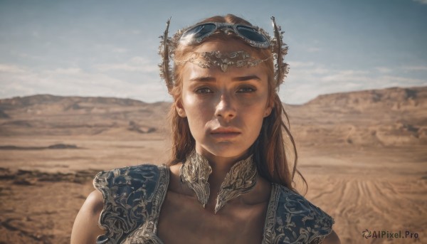 1girl,solo,long hair,looking at viewer,blue eyes,blonde hair,brown hair,closed mouth,collarbone,upper body,outdoors,sky,day,blurry,blue sky,lips,blurry background,goggles,portrait,freckles,goggles on head,realistic,desert,brown eyes,armor,mole,sunglasses,mole under mouth,eyewear on head,sand,mole on cheek