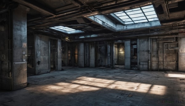 outdoors,day,indoors,no humans,window,shadow,sunlight,scenery,stairs,door,light,shade,hallway,building,tiles,wall,tile floor,industrial pipe,blinds