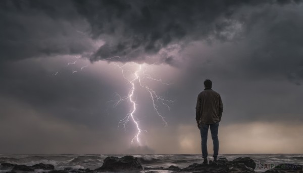 solo, 1boy, standing, jacket, male focus, outdoors, sky, pants, cloud, from behind, ocean, cloudy sky, denim, scenery, brown jacket, jeans, horizon, waves, lightning