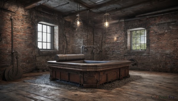 day,indoors,no humans,window,sunlight,scenery,wooden floor,door,lamp,wall,brick wall,barrel,table,plant,light,candle,light bulb,industrial pipe,faucet,wooden wall,chandelier,stone wall,brick,brick floor