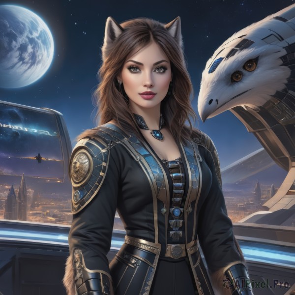 1girl,solo,long hair,breasts,looking at viewer,brown hair,animal ears,cleavage,brown eyes,jewelry,medium breasts,earrings,sky,belt,cat ears,necklace,lips,coat,grey eyes,makeup,night,bird,moon,building,star (sky),night sky,starry sky,science fiction,city,realistic,aircraft,nose,fantasy,cityscape,space,planet,earth (planet),spacecraft,city lights,bangs,long sleeves,standing,outdoors,artist name,signature,armor,parted bangs,animal,wolf ears,lipstick,full moon,alien