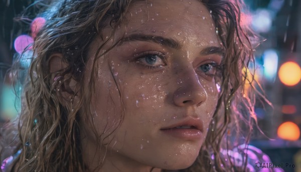 1girl, solo, long hair, blue eyes, brown hair, parted lips, blurry, lips, wet, eyelashes, depth of field, blurry background, portrait, rain, realistic, nose, wet hair