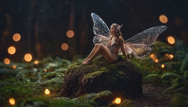 1girl,solo,long hair,breasts,brown hair,black hair,bare shoulders,jewelry,medium breasts,sitting,outdoors,wings,sky,barefoot,pointy ears,dark skin,nail polish,blurry,leotard,dark-skinned female,tree,legs,bare legs,strapless,night,depth of field,arm support,plant,star (sky),nature,night sky,scenery,light particles,forest,starry sky,rock,fairy wings,fairy,bokeh,butterfly wings,fireflies,hair ornament,nude,small breasts,realistic