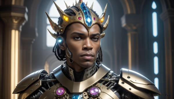 HQ,1girl,solo,looking at viewer,short hair,brown hair,black hair,1boy,brown eyes,closed mouth,upper body,male focus,indoors,dark skin,armor,blurry,dark-skinned female,lips,blurry background,glowing,dark-skinned male,crown,shoulder armor,gem,portrait,pauldrons,realistic,nose,very dark skin,power armor,dreadlocks,jewelry,backlighting