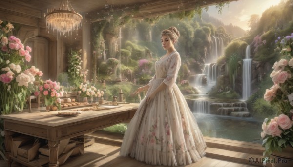 1girl,solo,looking at viewer,brown hair,dress,standing,flower,outdoors,water,hair bun,white dress,tree,lips,rose,chair,floral print,table,sunlight,single hair bun,plant,scenery,pink flower,light rays,long dress,white rose,pink rose,bridge,pillar,vase,waterfall,arch,garden,tablecloth,fountain,breasts,blonde hair,jewelry,updo