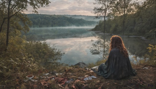 1girl,solo,long hair,brown hair,sitting,outdoors,sky,day,cloud,water,from behind,tree,bird,wavy hair,cloudy sky,grass,nature,scenery,forest,reflection,robe,mountain,facing away,river,landscape,lake,dress,red hair,signature,sunlight,on ground