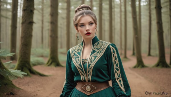 1girl,solo,breasts,looking at viewer,blue eyes,hair ornament,long sleeves,dress,cleavage,jewelry,upper body,grey hair,earrings,outdoors,day,belt,hair bun,blurry,tree,lips,grey eyes,makeup,blurry background,blue dress,single hair bun,lipstick,nature,forest,green dress,realistic,red lips,updo,blonde hair,medium breasts,white hair,parted lips,teeth,artist name,signature,cape,mole