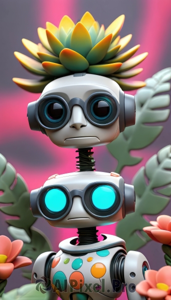 solo,looking at viewer,blue eyes,closed mouth,flower,blurry,pokemon (creature),no humans,blurry background,glowing,pink background,plant,robot,straight-on,humanoid robot,non-humanoid robot,upper body,frown,feathers,goggles,android,joints,robot joints