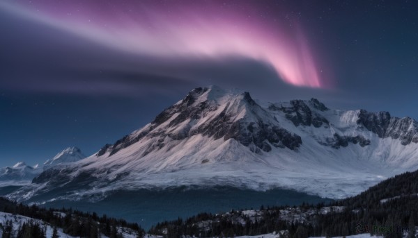 outdoors,sky,tree,no humans,night,star (sky),nature,night sky,scenery,snow,forest,starry sky,mountain,winter,landscape,mountainous horizon,pine tree,aurora,cloud,grass