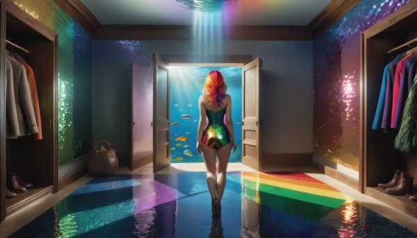 1girl,solo,long hair,skirt,blonde hair,bare shoulders,standing,pink hair,ass,red hair,multicolored hair,boots,shoes,barefoot,indoors,water,from behind,back,sunlight,reflection,fish,walking,light rays,door,basket,sunbeam,boots removed,swimsuit,orange hair,one-piece swimsuit,plant,bubble,underwater,pool,clothes removed,surreal,aquarium,seaweed