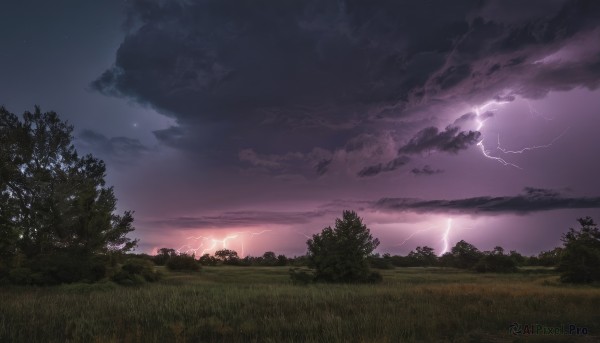 A tranquil sunset outdoors showcasing a lightning