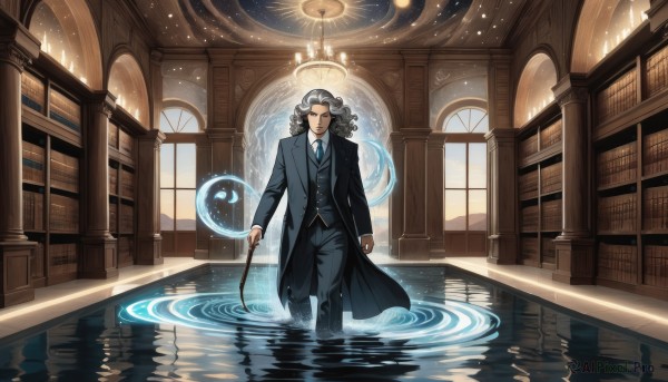 solo,long hair,looking at viewer,shirt,long sleeves,1boy,holding,closed mouth,standing,closed eyes,white shirt,grey hair,male focus,necktie,collared shirt,pants,indoors,water,vest,coat,book,window,black pants,formal,suit,light particles,wading,floating,reflection,walking,curly hair,black coat,light rays,blue necktie,wand,bookshelf,magic,magic circle,ripples,floating object,holding wand,library,levitation,hogwarts school uniform,black hair,jacket,black jacket,staff,arms at sides,cane,black suit,hallway,chandelier