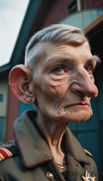 solo,looking at viewer,1boy,jewelry,closed mouth,jacket,upper body,white hair,grey hair,male focus,earrings,necklace,blurry,uniform,lips,grey eyes,military,blood,military uniform,blurry background,portrait,realistic,nose,old,old man,medal,old woman,wrinkled skin,window,facial hair,scar,zipper,badge