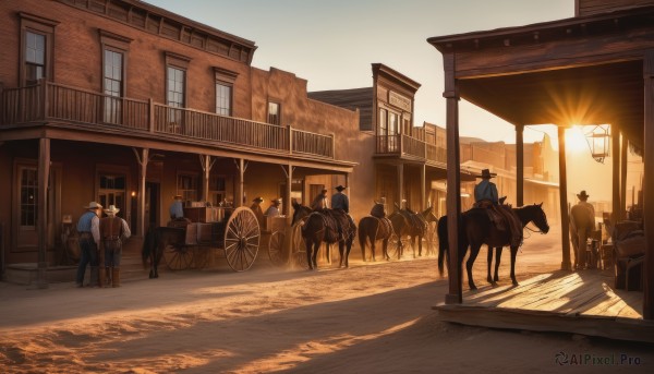 hat,outdoors,multiple boys,sky,window,shadow,animal,sunlight,ground vehicle,building,scenery,6+boys,sunset,road,riding,house,horse,street,bicycle,horseback riding,people,cart,multiple girls,day,bag,6+girls,city,town