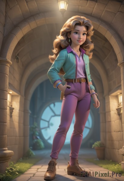 1girl,solo,long hair,breasts,looking at viewer,smile,brown hair,shirt,long sleeves,brown eyes,jewelry,closed mouth,standing,collarbone,jacket,full body,weapon,earrings,small breasts,boots,outdoors,open clothes,shoes,day,belt,pants,artist name,indoors,signature,necklace,blurry,bracelet,open jacket,lips,window,depth of field,blurry background,wavy hair,brown footwear,grass,plant,blue jacket,buckle,backlighting,freckles,walking,curly hair,hand in pocket,lantern,belt buckle,nose,door,purple shirt,ankle boots,brown belt,lamp,purple pants,collared shirt,hand on hip,watermark,pink shirt,bangle,potted plant,sleeves pushed up