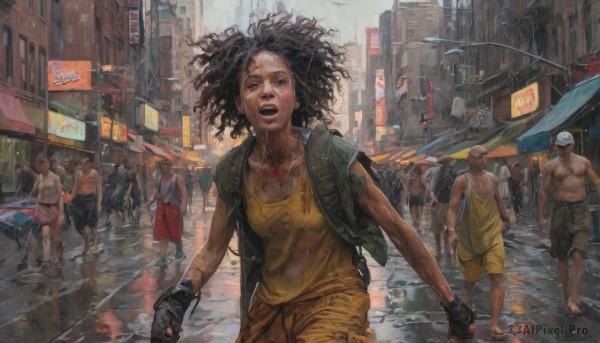 1girl,open mouth,multiple girls,black hair,gloves,outdoors,multiple boys,shorts,solo focus,black gloves,tears,dark skin,fingerless gloves,bag,vest,wet,umbrella,dark-skinned male,crying,tank top,ground vehicle,building,motor vehicle,walking,science fiction,rain,6+boys,running,city,realistic,car,road,bald,dirty,street,very dark skin,puddle,cyberpunk,afro,crosswalk,short hair,hat,backpack,scenery,sign,crowd,people