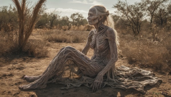 1girl,solo,long hair,sitting,closed mouth,full body,nude,outdoors,barefoot,tree,nature,forest,skull,monster,on ground,ribs,skeleton,bare tree,white hair,sky,day,from side,realistic,old,dirty,old man,statue,brown theme,fine art parody,wrinkled skin