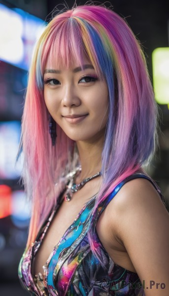 1girl,solo,long hair,breasts,looking at viewer,smile,bangs,cleavage,brown eyes,jewelry,medium breasts,blue hair,upper body,pink hair,multicolored hair,sleeveless,necklace,blurry,black eyes,two-tone hair,lips,streaked hair,blurry background,realistic,blonde hair,bare shoulders,swimsuit,bikini,small breasts,vest,rainbow hair