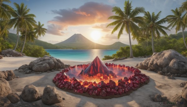 A landscape set against the backdrop of a serene sunset day
