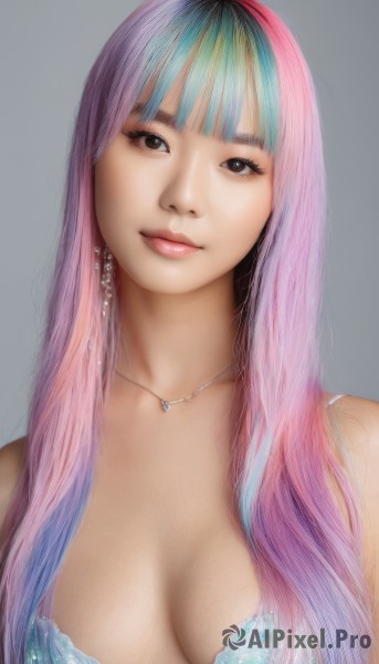 1girl,solo,long hair,breasts,looking at viewer,smile,bangs,simple background,cleavage,brown eyes,jewelry,medium breasts,closed mouth,underwear,blue hair,upper body,pink hair,multicolored hair,earrings,blunt bangs,grey background,necklace,bra,two-tone hair,lips,head tilt,gradient hair,makeup,realistic,rainbow hair,bare shoulders,black eyes,blue bra