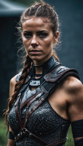 1girl,solo,long hair,breasts,looking at viewer,brown hair,bare shoulders,brown eyes,upper body,braid,parted lips,armor,blurry,lips,single braid,blurry background,messy hair,freckles,breastplate,realistic,chainmail,blue eyes,blonde hair,medium breasts,curly hair