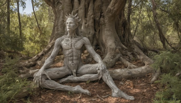 solo,1boy,sitting,closed mouth,full body,white hair,male focus,nude,outdoors,horns,barefoot,day,spread legs,tree,fingernails,tattoo,colored skin,abs,plant,nature,claws,forest,grey skin,sky,no humans,muscular,scenery,realistic,statue